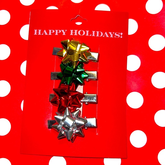Happy Holidays Accessories SilverTone Gift Wrap Christmas Present Bow Hair Clips - Picture 1 of 5